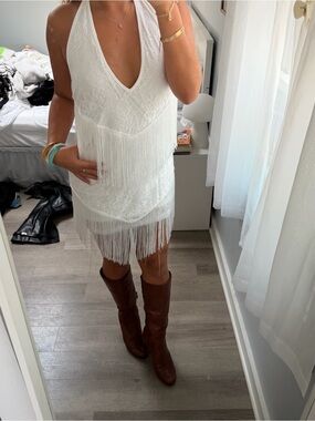 White Fringe Halter Dress - Elegant Party Dress